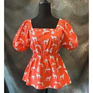 Michelle McDowell Top Small Orange Leopard Print Square Neck Puff‎ Sleeve Blouse